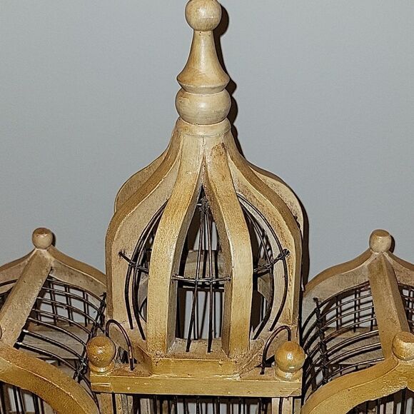 Vtg Wooden Birdcage Victorian Domed Cathedral Taj Mahal Door bird cage Wood boho - Picture 14 of 16